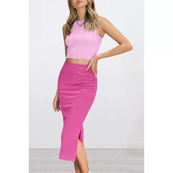 imagePRETTYGARDEN Womens 2 Piece Summer Outfits Crewneck Tank Tops Split Bodycon Midi Skirt Dress SetLight Pinkrose Red