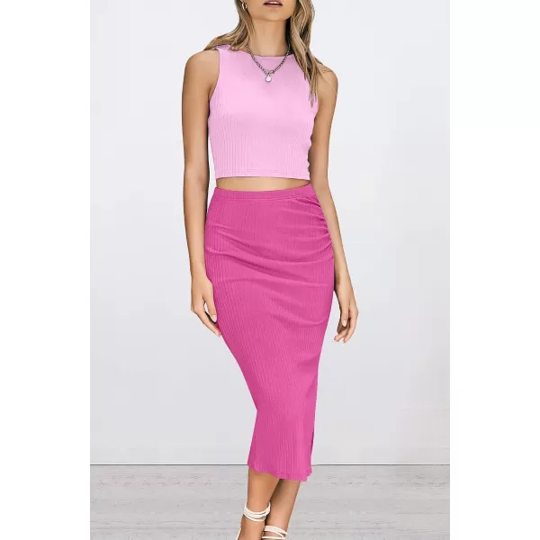 imagePRETTYGARDEN Womens 2 Piece Summer Outfits Crewneck Tank Tops Split Bodycon Midi Skirt Dress SetLight Pinkrose Red