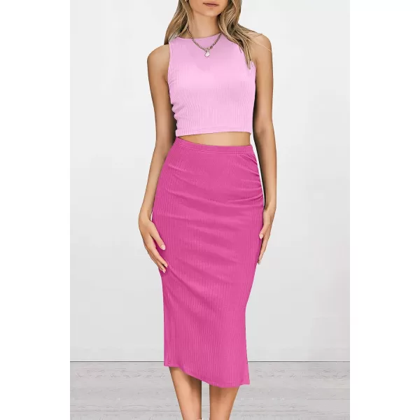 imagePRETTYGARDEN Womens 2 Piece Summer Outfits Crewneck Tank Tops Split Bodycon Midi Skirt Dress SetLight Pinkrose Red
