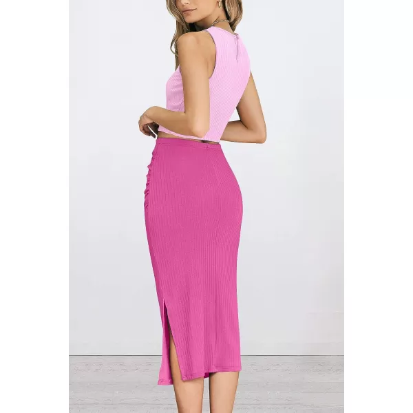 imagePRETTYGARDEN Womens 2 Piece Summer Outfits Crewneck Tank Tops Split Bodycon Midi Skirt Dress SetLight Pinkrose Red