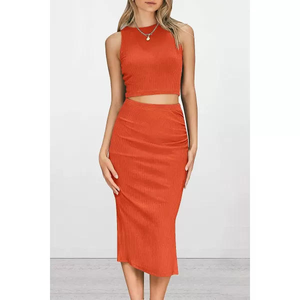 imagePRETTYGARDEN Womens 2 Piece Summer Outfits Crewneck Tank Tops Split Bodycon Midi Skirt Dress SetOrange