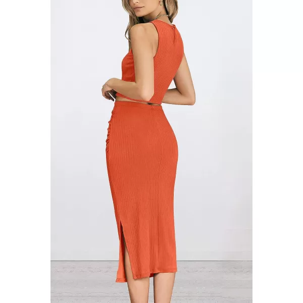 imagePRETTYGARDEN Womens 2 Piece Summer Outfits Crewneck Tank Tops Split Bodycon Midi Skirt Dress SetOrange
