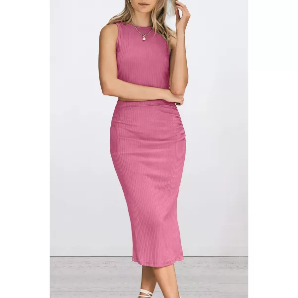 imagePRETTYGARDEN Womens 2 Piece Summer Outfits Crewneck Tank Tops Split Bodycon Midi Skirt Dress SetPink