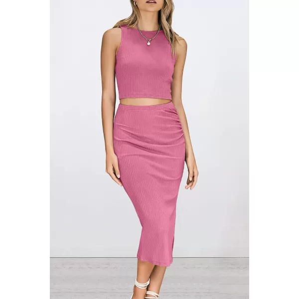 imagePRETTYGARDEN Womens 2 Piece Summer Outfits Crewneck Tank Tops Split Bodycon Midi Skirt Dress SetPink