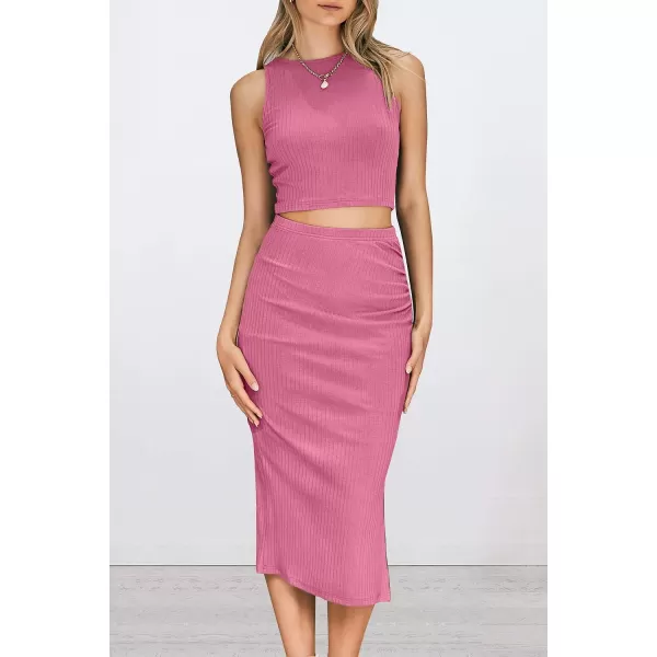 imagePRETTYGARDEN Womens 2 Piece Summer Outfits Crewneck Tank Tops Split Bodycon Midi Skirt Dress SetPink