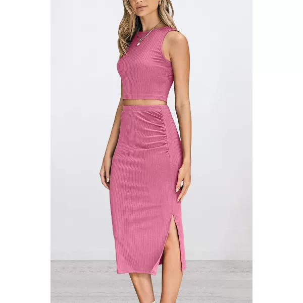 imagePRETTYGARDEN Womens 2 Piece Summer Outfits Crewneck Tank Tops Split Bodycon Midi Skirt Dress SetPink