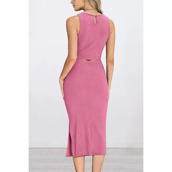 imagePRETTYGARDEN Womens 2 Piece Summer Outfits Crewneck Tank Tops Split Bodycon Midi Skirt Dress SetPink