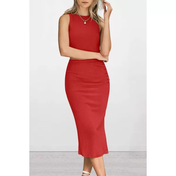 imagePRETTYGARDEN Womens 2 Piece Summer Outfits Crewneck Tank Tops Split Bodycon Midi Skirt Dress SetRed
