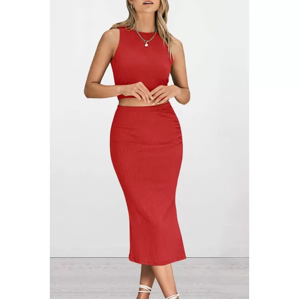 imagePRETTYGARDEN Womens 2 Piece Summer Outfits Crewneck Tank Tops Split Bodycon Midi Skirt Dress SetRed