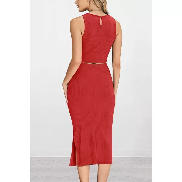 imagePRETTYGARDEN Womens 2 Piece Summer Outfits Crewneck Tank Tops Split Bodycon Midi Skirt Dress SetRed