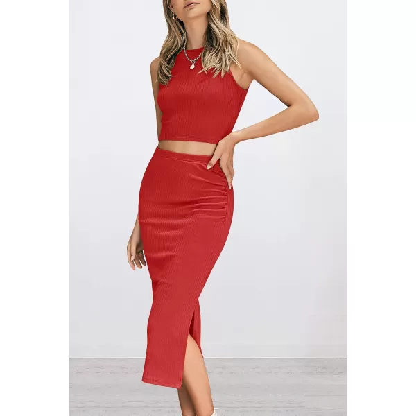 imagePRETTYGARDEN Womens 2 Piece Summer Outfits Crewneck Tank Tops Split Bodycon Midi Skirt Dress SetRed