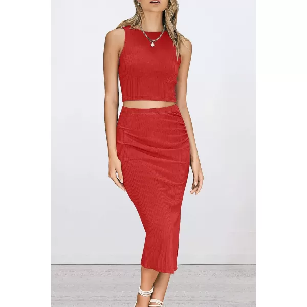 imagePRETTYGARDEN Womens 2 Piece Summer Outfits Crewneck Tank Tops Split Bodycon Midi Skirt Dress SetRed