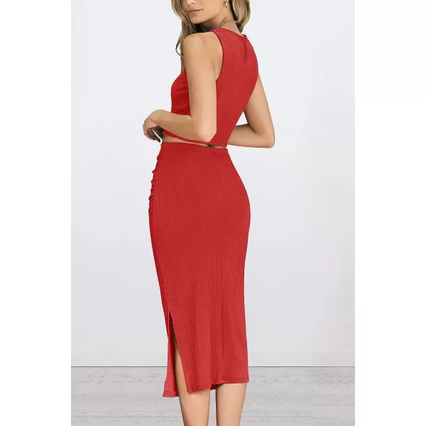 imagePRETTYGARDEN Womens 2 Piece Summer Outfits Crewneck Tank Tops Split Bodycon Midi Skirt Dress SetRed