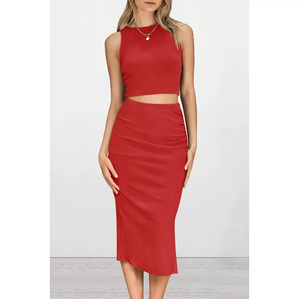 imagePRETTYGARDEN Womens 2 Piece Summer Outfits Crewneck Tank Tops Split Bodycon Midi Skirt Dress SetRed