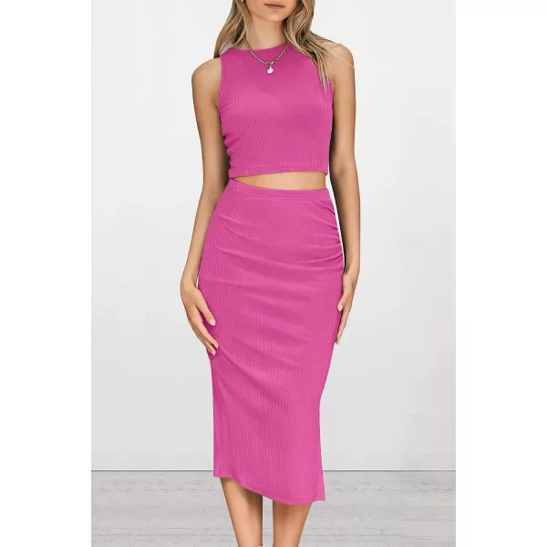 imagePRETTYGARDEN Womens 2 Piece Summer Outfits Crewneck Tank Tops Split Bodycon Midi Skirt Dress SetRose Red