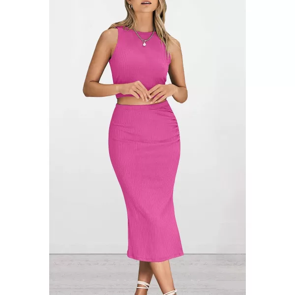 imagePRETTYGARDEN Womens 2 Piece Summer Outfits Crewneck Tank Tops Split Bodycon Midi Skirt Dress SetRose Red