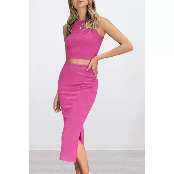 imagePRETTYGARDEN Womens 2 Piece Summer Outfits Crewneck Tank Tops Split Bodycon Midi Skirt Dress SetRose Red