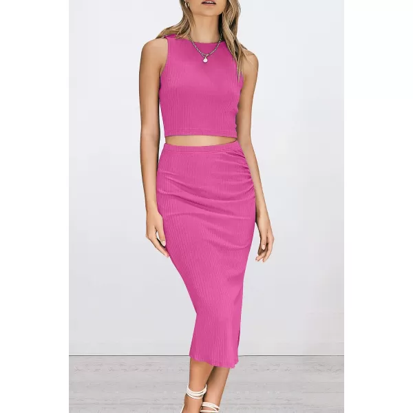 imagePRETTYGARDEN Womens 2 Piece Summer Outfits Crewneck Tank Tops Split Bodycon Midi Skirt Dress SetRose Red