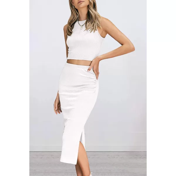 imagePRETTYGARDEN Womens 2 Piece Summer Outfits Crewneck Tank Tops Split Bodycon Midi Skirt Dress SetWhite