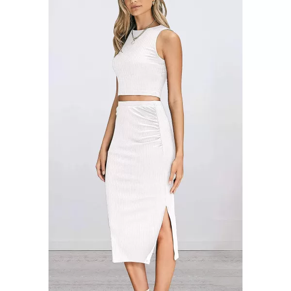 imagePRETTYGARDEN Womens 2 Piece Summer Outfits Crewneck Tank Tops Split Bodycon Midi Skirt Dress SetWhite