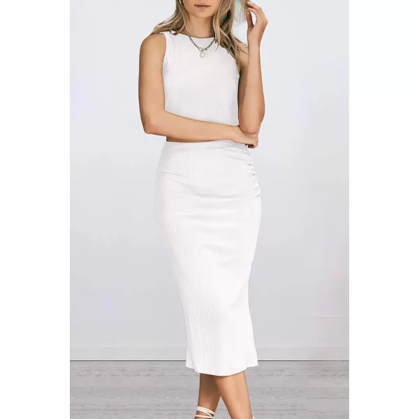 imagePRETTYGARDEN Womens 2 Piece Summer Outfits Crewneck Tank Tops Split Bodycon Midi Skirt Dress SetWhite