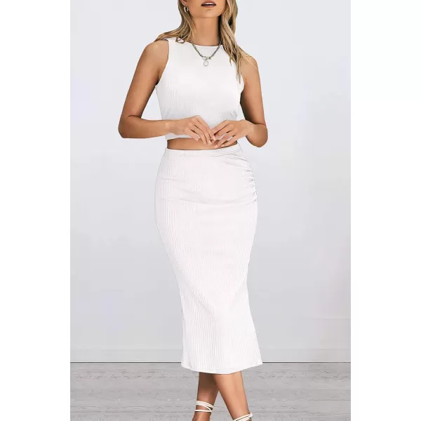 imagePRETTYGARDEN Womens 2 Piece Summer Outfits Crewneck Tank Tops Split Bodycon Midi Skirt Dress SetWhite