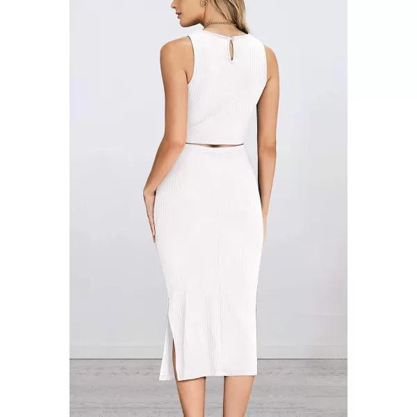imagePRETTYGARDEN Womens 2 Piece Summer Outfits Crewneck Tank Tops Split Bodycon Midi Skirt Dress SetWhite