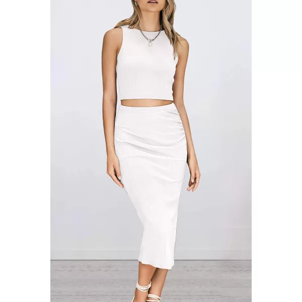 imagePRETTYGARDEN Womens 2 Piece Summer Outfits Crewneck Tank Tops Split Bodycon Midi Skirt Dress SetWhite