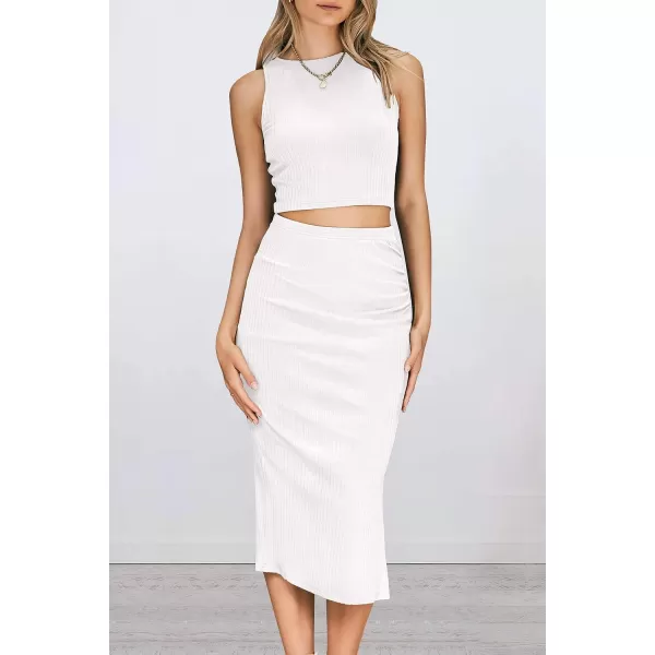 imagePRETTYGARDEN Womens 2 Piece Summer Outfits Crewneck Tank Tops Split Bodycon Midi Skirt Dress SetWhite