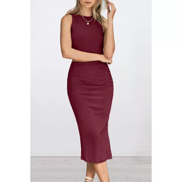imagePRETTYGARDEN Womens 2 Piece Summer Outfits Crewneck Tank Tops Split Bodycon Midi Skirt Dress SetWine Red