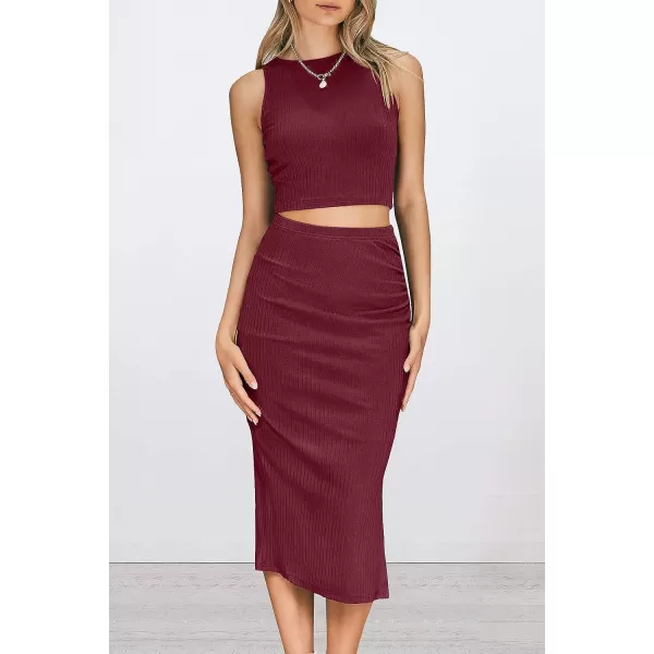 imagePRETTYGARDEN Womens 2 Piece Summer Outfits Crewneck Tank Tops Split Bodycon Midi Skirt Dress SetWine Red