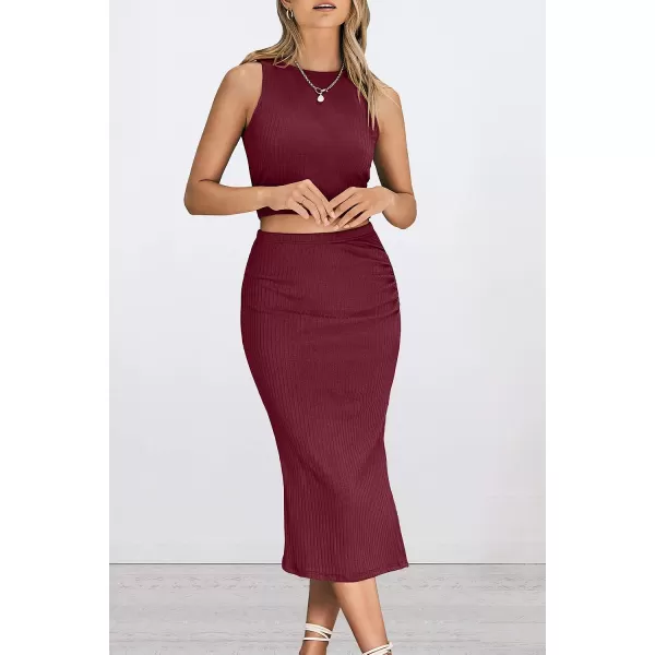imagePRETTYGARDEN Womens 2 Piece Summer Outfits Crewneck Tank Tops Split Bodycon Midi Skirt Dress SetWine Red