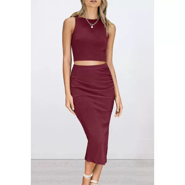 imagePRETTYGARDEN Womens 2 Piece Summer Outfits Crewneck Tank Tops Split Bodycon Midi Skirt Dress SetWine Red