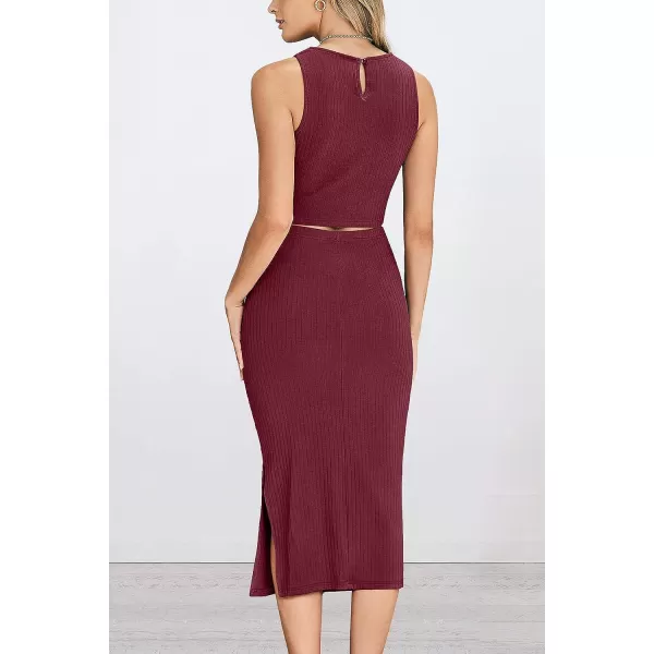 imagePRETTYGARDEN Womens 2 Piece Summer Outfits Crewneck Tank Tops Split Bodycon Midi Skirt Dress SetWine Red