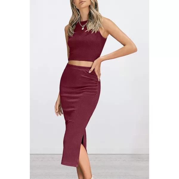 imagePRETTYGARDEN Womens 2 Piece Summer Outfits Crewneck Tank Tops Split Bodycon Midi Skirt Dress SetWine Red