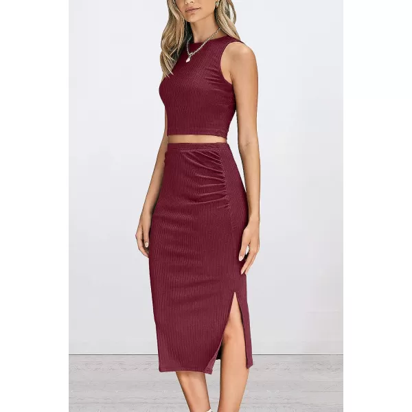 imagePRETTYGARDEN Womens 2 Piece Summer Outfits Crewneck Tank Tops Split Bodycon Midi Skirt Dress SetWine Red