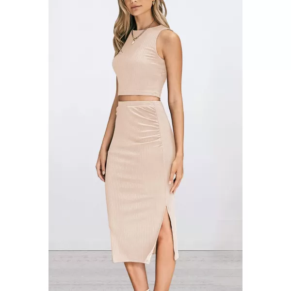 imagePRETTYGARDEN Womens 2 Piece Summer Outfits Crewneck Tank Tops Split Bodycon Midi Skirt SetApricot