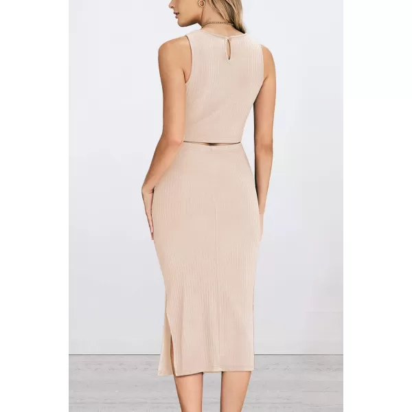 imagePRETTYGARDEN Womens 2 Piece Summer Outfits Crewneck Tank Tops Split Bodycon Midi Skirt SetApricot