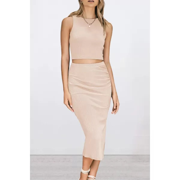 imagePRETTYGARDEN Womens 2 Piece Summer Outfits Crewneck Tank Tops Split Bodycon Midi Skirt SetApricot