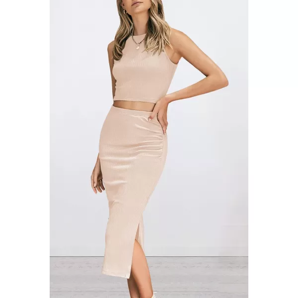 imagePRETTYGARDEN Womens 2 Piece Summer Outfits Crewneck Tank Tops Split Bodycon Midi Skirt SetApricot