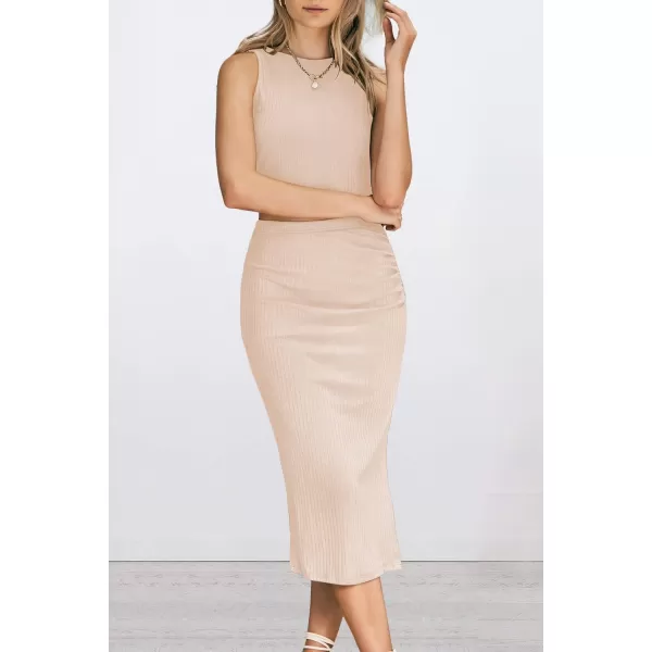 imagePRETTYGARDEN Womens 2 Piece Summer Outfits Crewneck Tank Tops Split Bodycon Midi Skirt SetApricot