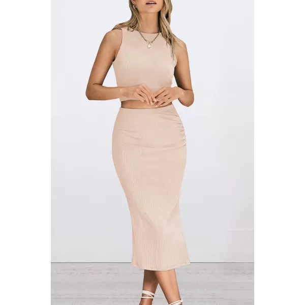 imagePRETTYGARDEN Womens 2 Piece Summer Outfits Crewneck Tank Tops Split Bodycon Midi Skirt SetApricot
