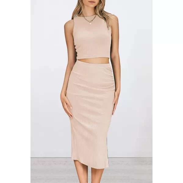 imagePRETTYGARDEN Womens 2 Piece Summer Outfits Crewneck Tank Tops Split Bodycon Midi Skirt SetApricot