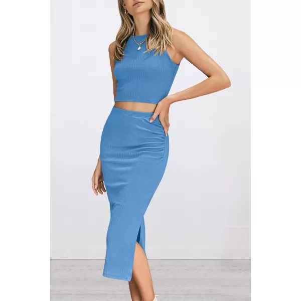 imagePRETTYGARDEN Womens 2 Piece Summer Outfits Crewneck Tank Tops Split Bodycon Midi Skirt SetLight Blue