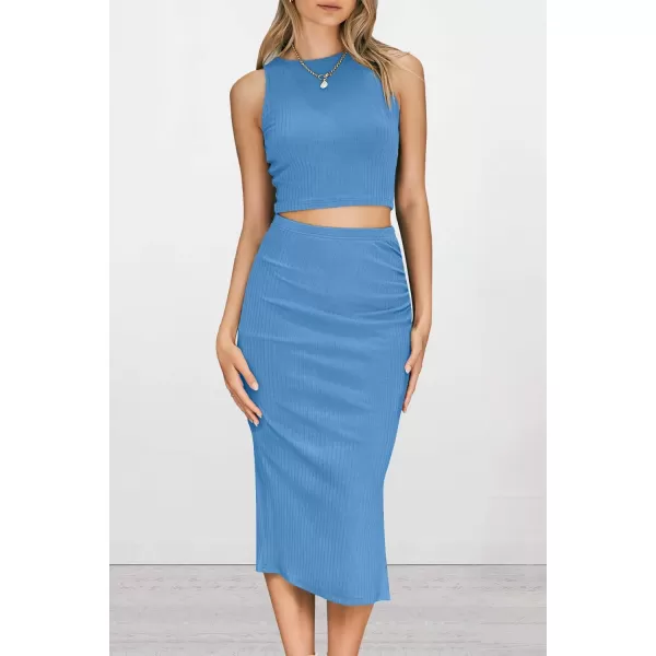 imagePRETTYGARDEN Womens 2 Piece Summer Outfits Crewneck Tank Tops Split Bodycon Midi Skirt SetLight Blue