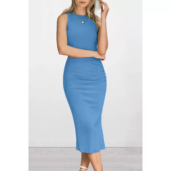imagePRETTYGARDEN Womens 2 Piece Summer Outfits Crewneck Tank Tops Split Bodycon Midi Skirt SetLight Blue
