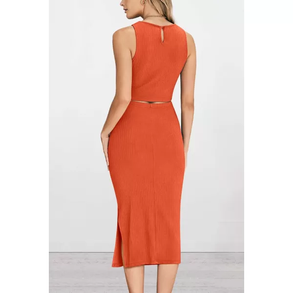 imagePRETTYGARDEN Womens 2 Piece Summer Outfits Crewneck Tank Tops Split Bodycon Midi Skirt SetOrange