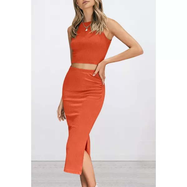 imagePRETTYGARDEN Womens 2 Piece Summer Outfits Crewneck Tank Tops Split Bodycon Midi Skirt SetOrange