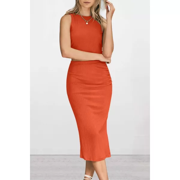 imagePRETTYGARDEN Womens 2 Piece Summer Outfits Crewneck Tank Tops Split Bodycon Midi Skirt SetOrange