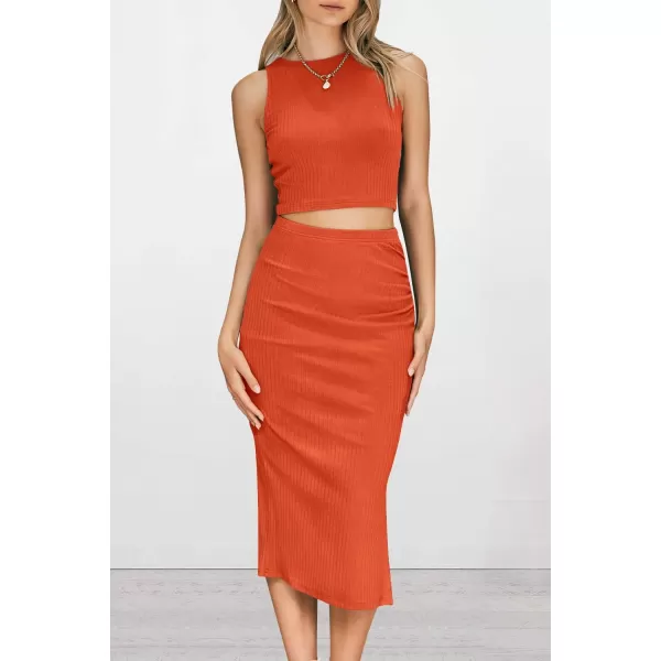 imagePRETTYGARDEN Womens 2 Piece Summer Outfits Crewneck Tank Tops Split Bodycon Midi Skirt SetOrange